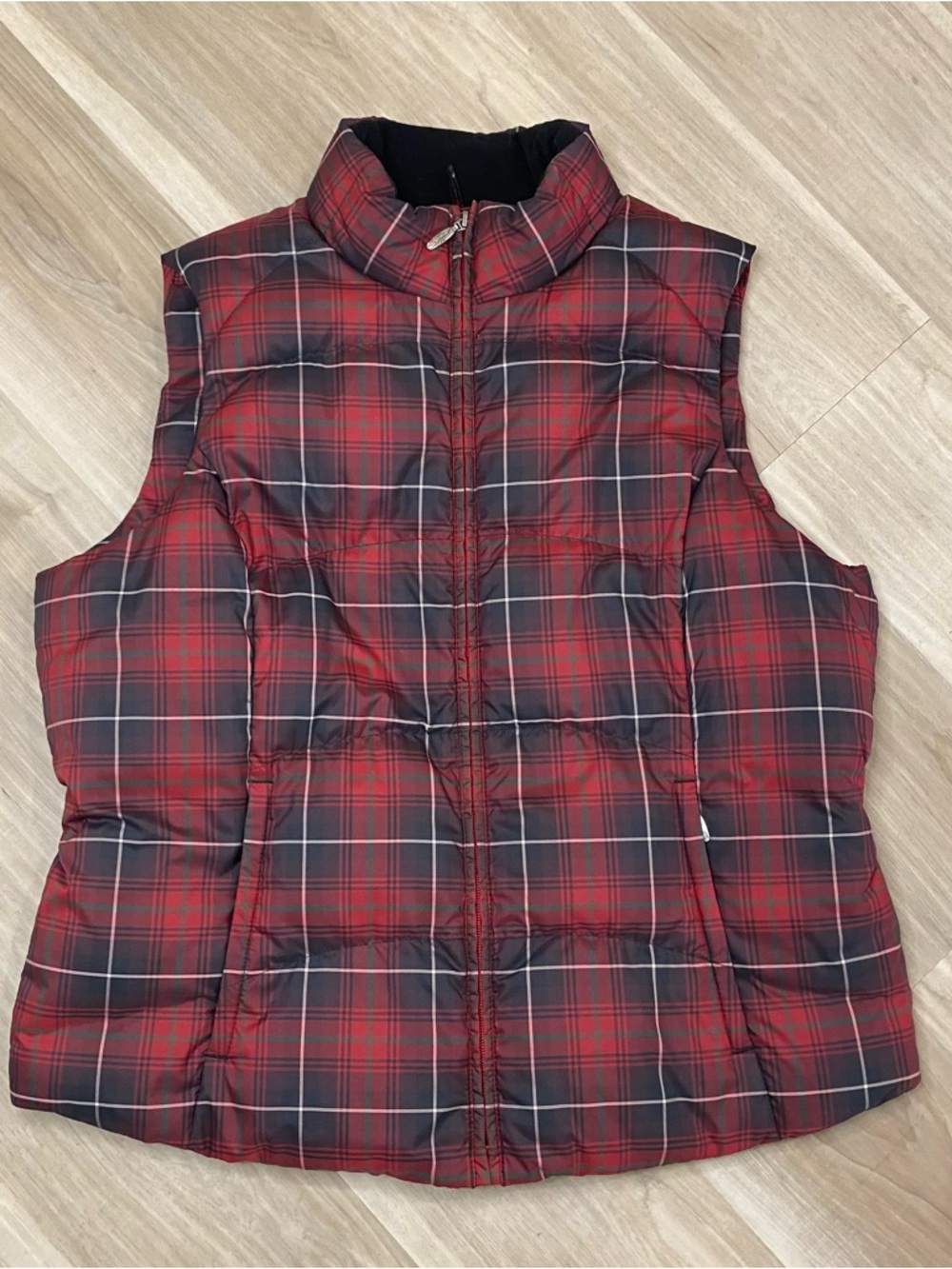 Eddie Bauer Red and Black Plaid Quilted Puffer Vest